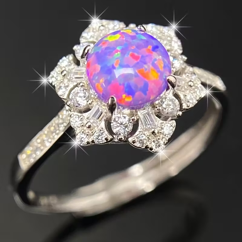 Exquisite 925 Silvery Round Cut Purple Opal Six-Pointed Star Ring