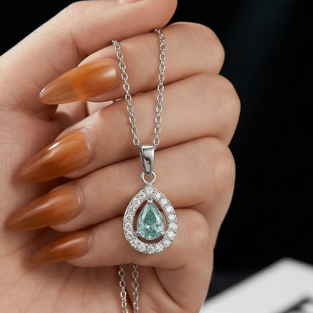 Custom Pear-Cut Teal Gemstone Halo Pendant Necklace