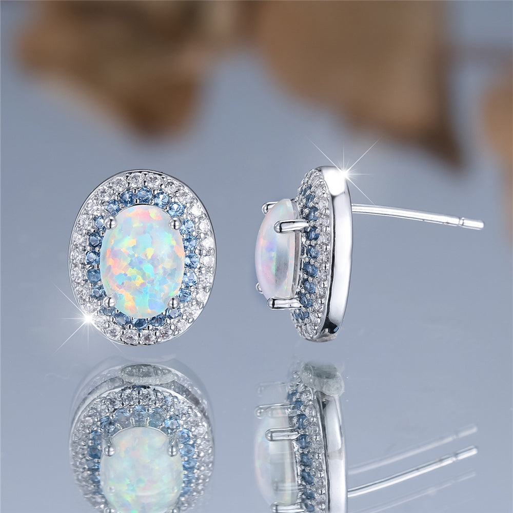 Custom Oval Opal Double Halo Stud Earrings
