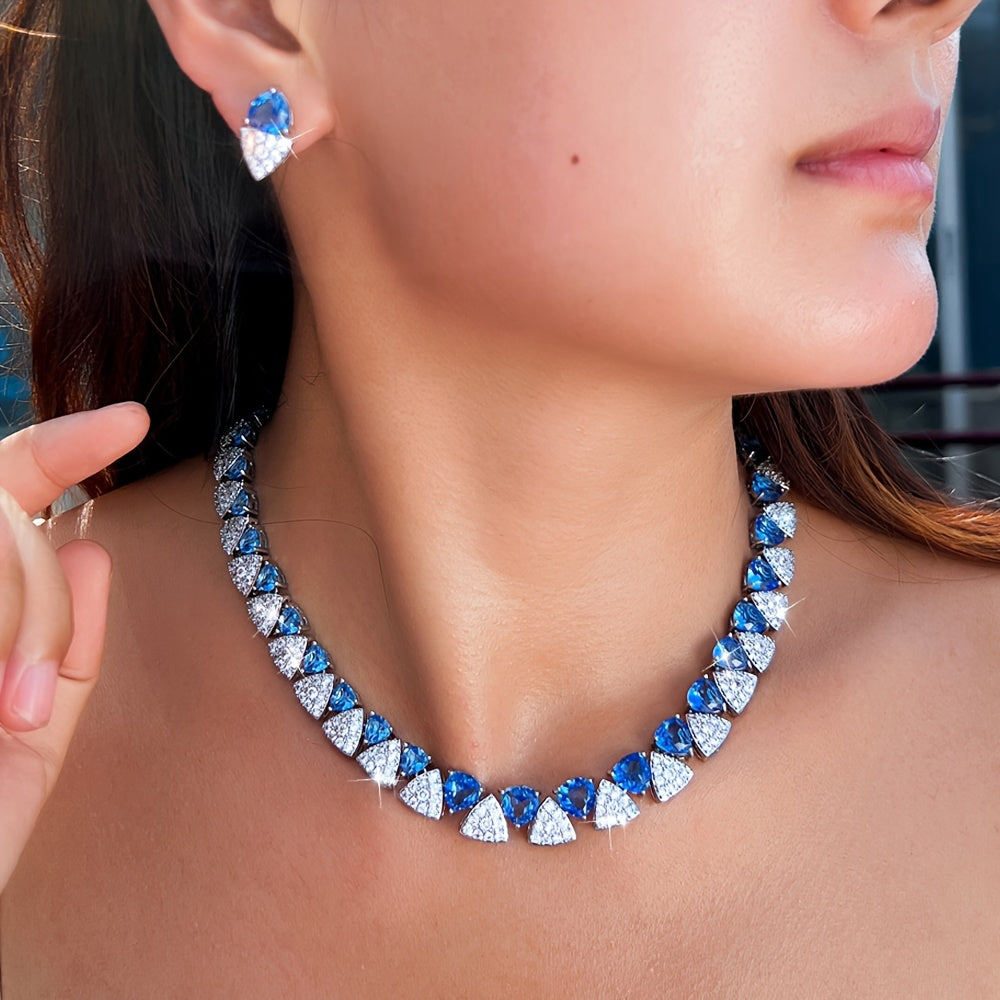 Custom Sapphire and Diamond Triangular Necklace & Earring Set