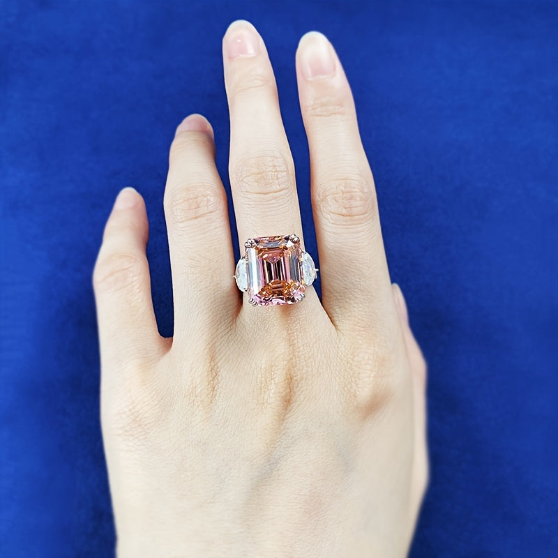 Custom 15CT Emerald-Cut Pink Gemstone Three-Stone Ring