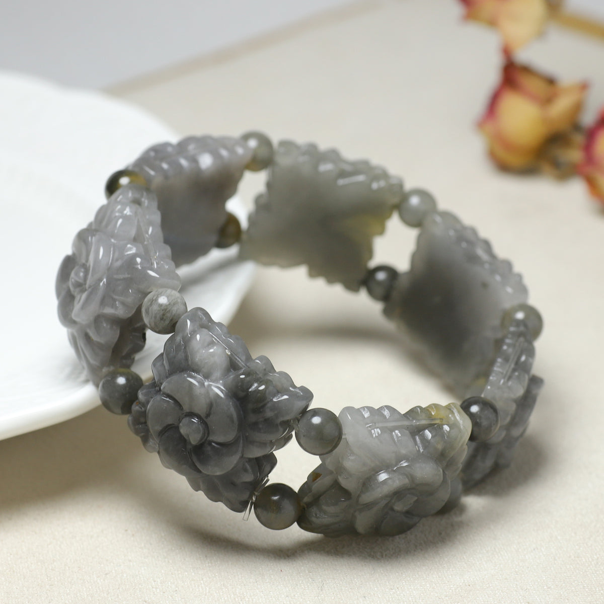 Custom Natural Gray Jade Carved Flower Bracelet