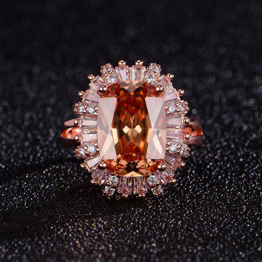 Custom Champagne Oval Sunburst Halo Rose Gold Ring
