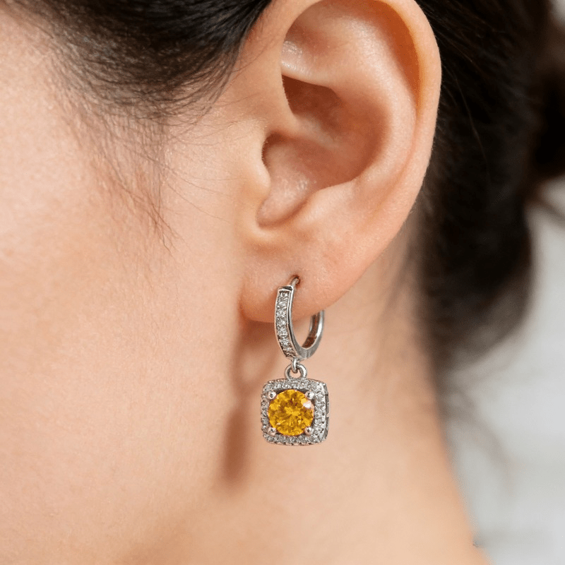 Custom Yellow Moissanite Halo Drop Earrings