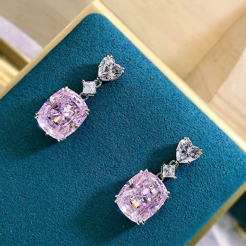 Custom Pink Cushion Cut Heart Top Drop Earrings