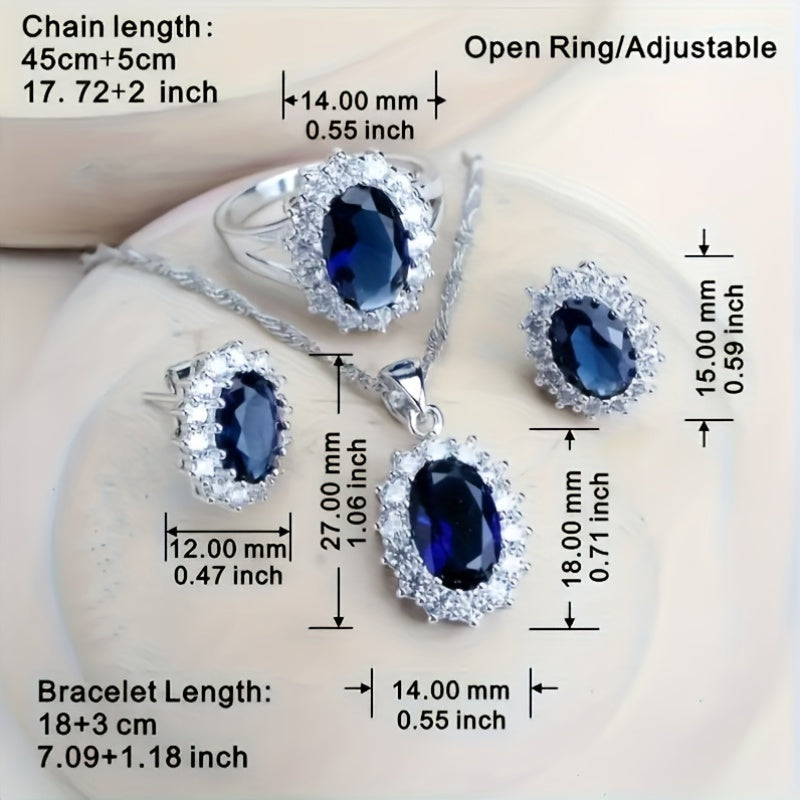 Custom Blue Sapphire Halo Jewelry Set: Necklace, Earrings, Ring & Bracelet