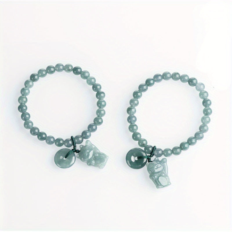 Custom Natural Jade Beaded Bracelet with Lucky Cat Pendant