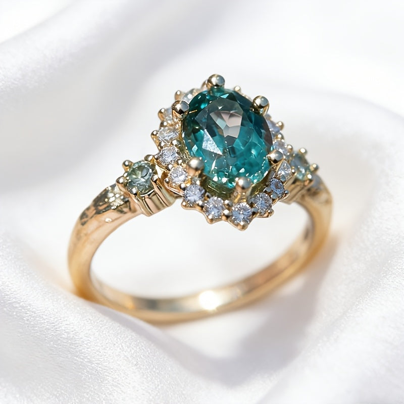 Custom Oval Teal Gemstone Halo Gold Ring