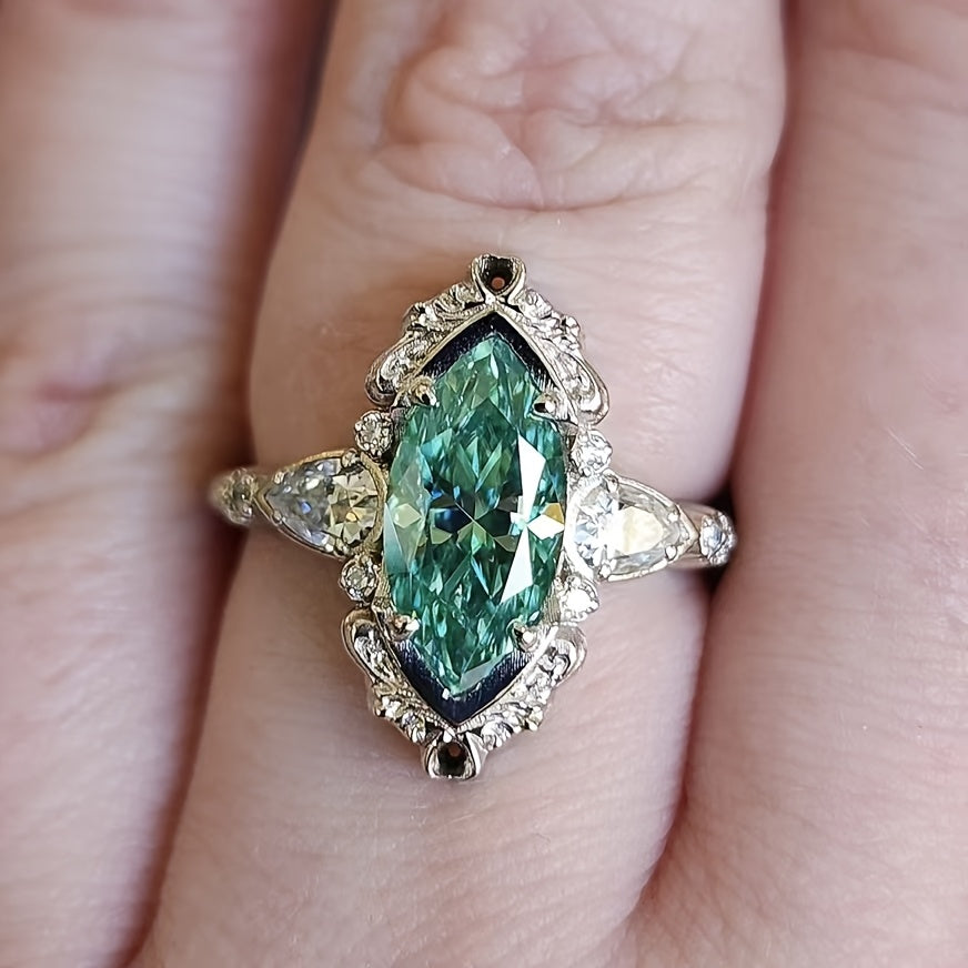 Custom Vintage Marquise-Cut Green Gemstone Three-Stone Ring