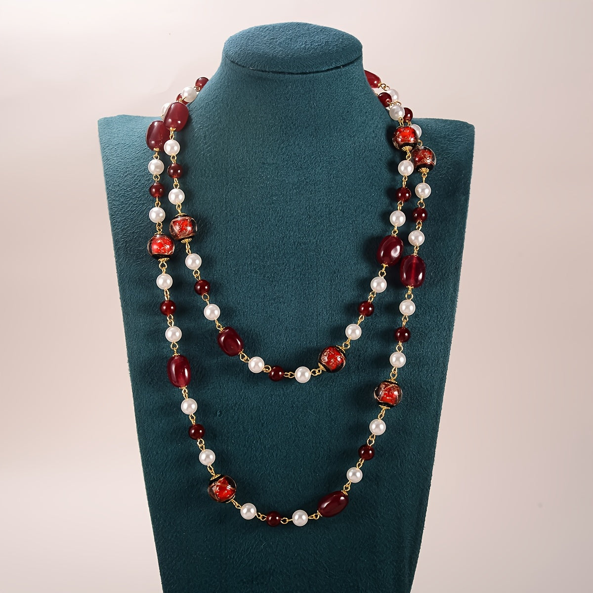 Custom Red & Pearl Layered Long Necklace
