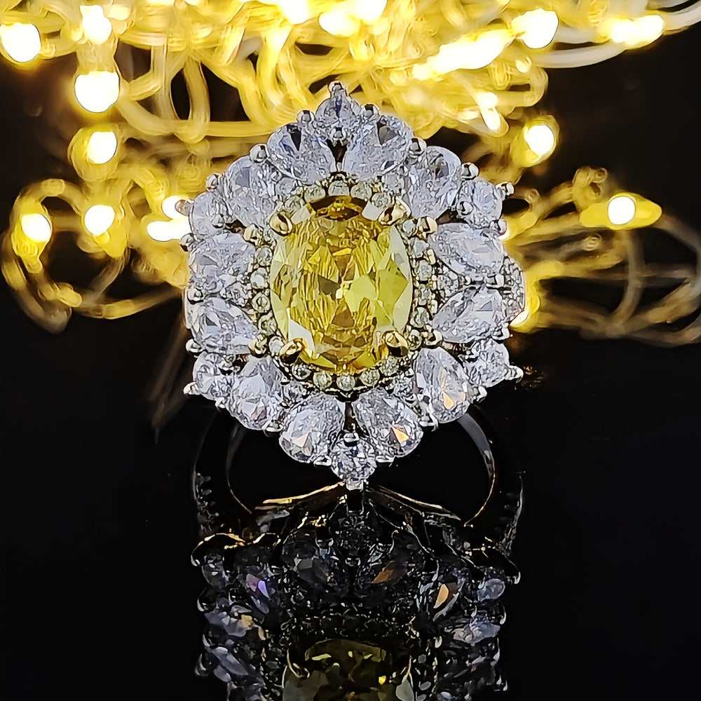 Custom Yellow Oval Gemstone Double Halo Statement Ring