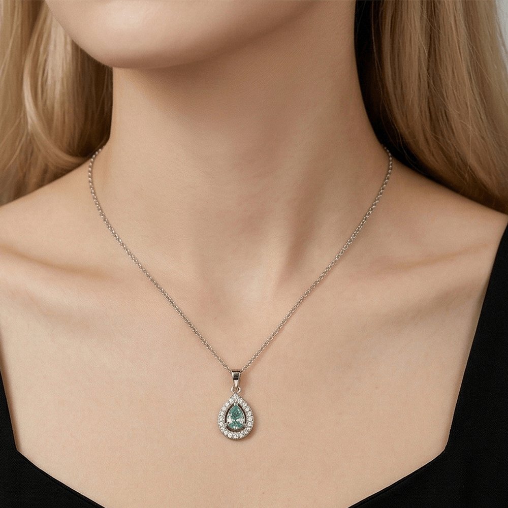 Custom Pear-Cut Teal Gemstone Halo Pendant Necklace