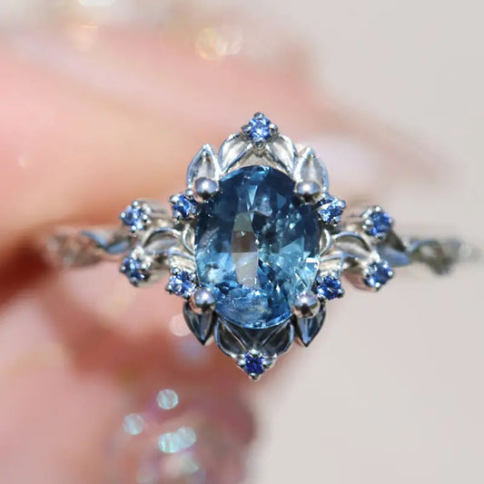 Custom Oval-Cut Blue Gemstone Vintage Floral Ring