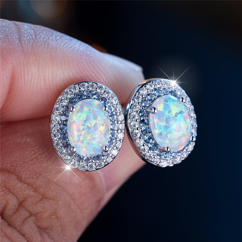 Custom Oval Opal Double Halo Stud Earrings