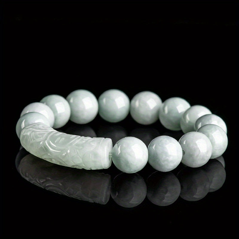 Custom Natural Jade Beaded Bracelet with Carved Bar