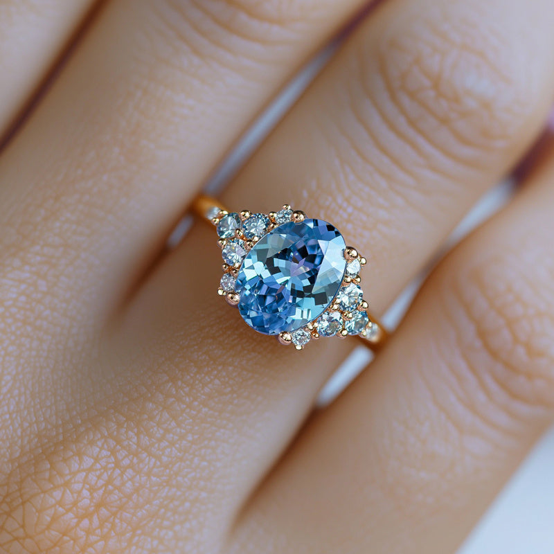 Custom Oval Blue Gemstone Side Cluster Ring - Luxury Custom Jewelry