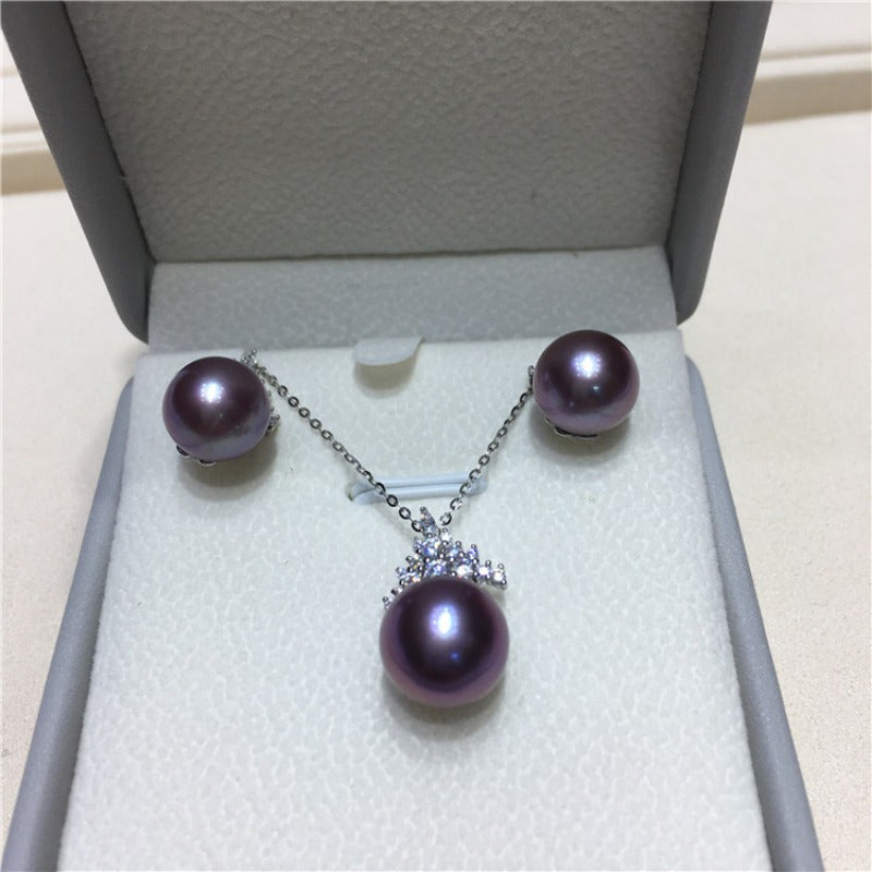 Custom Purple Freshwater Pearl Crown Jewelry Set (Necklace & Earrings)