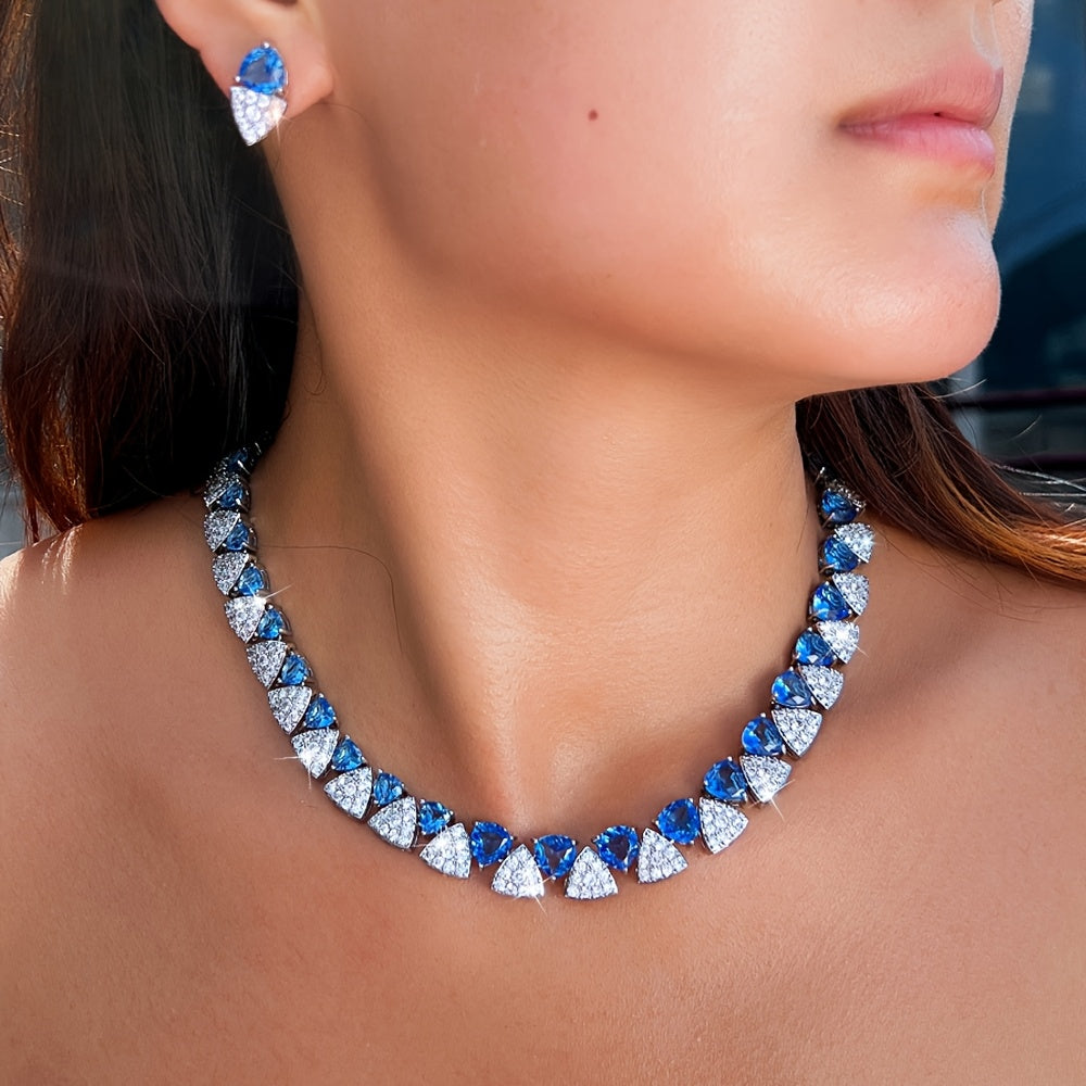 Custom Sapphire and Diamond Triangular Necklace & Earring Set