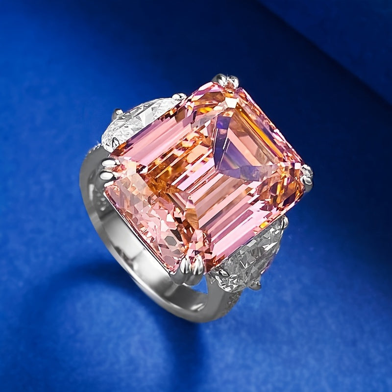 Custom 15CT Emerald-Cut Pink Gemstone Three-Stone Ring