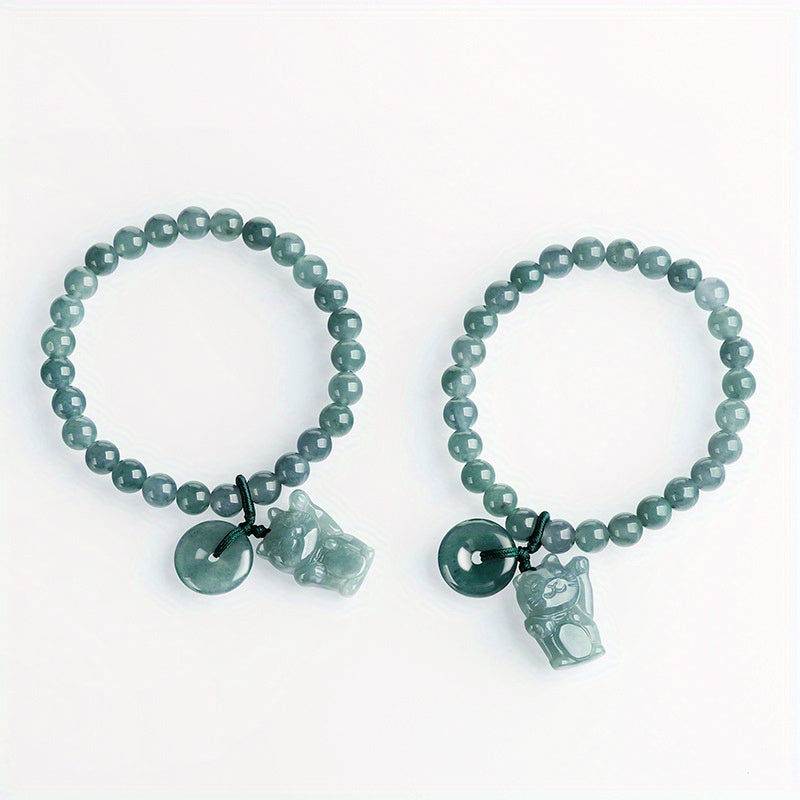 Custom Natural Jade Beaded Bracelet with Lucky Cat Pendant
