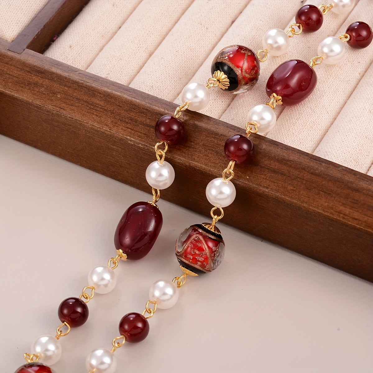 Custom Red & Pearl Layered Long Necklace
