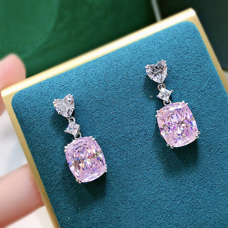 Custom Pink Cushion Cut Heart Top Drop Earrings