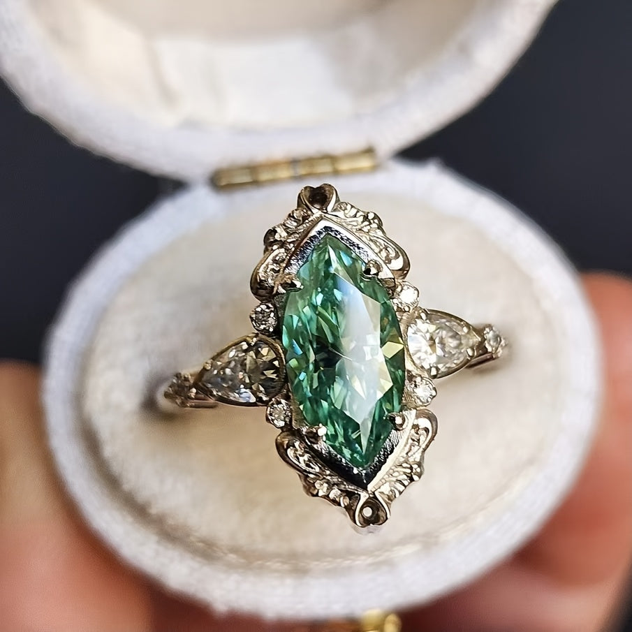 Custom Vintage Marquise-Cut Green Gemstone Three-Stone Ring