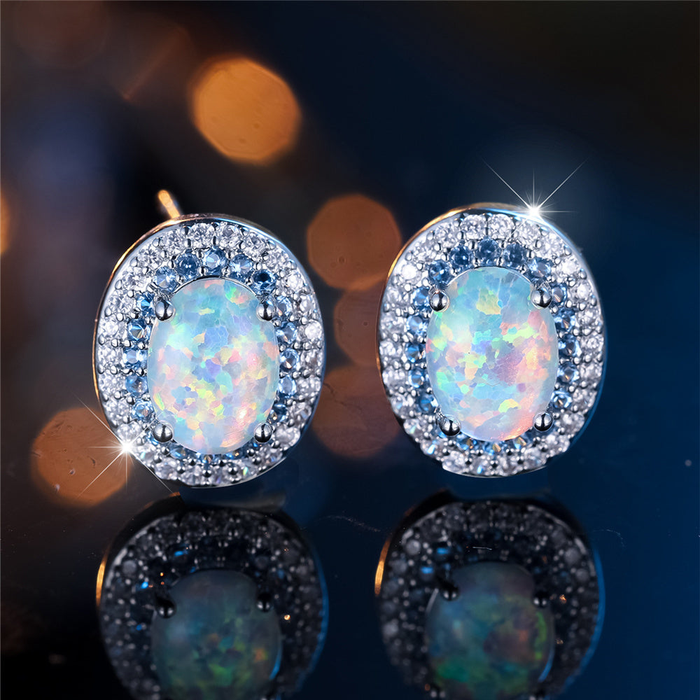 Custom Oval Opal Double Halo Stud Earrings