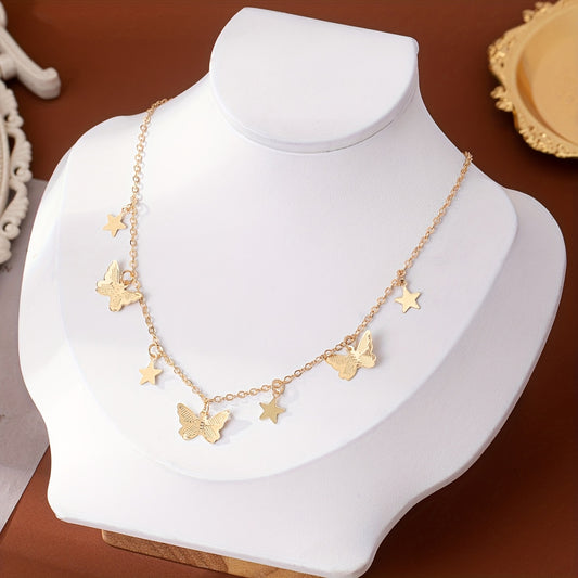 Gold Butterfly & Star Charm Choker Necklace