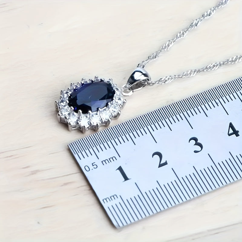 Custom Blue Sapphire Halo Jewelry Set: Necklace, Earrings, Ring & Bracelet