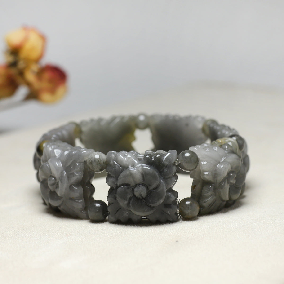 Custom Natural Gray Jade Carved Flower Bracelet