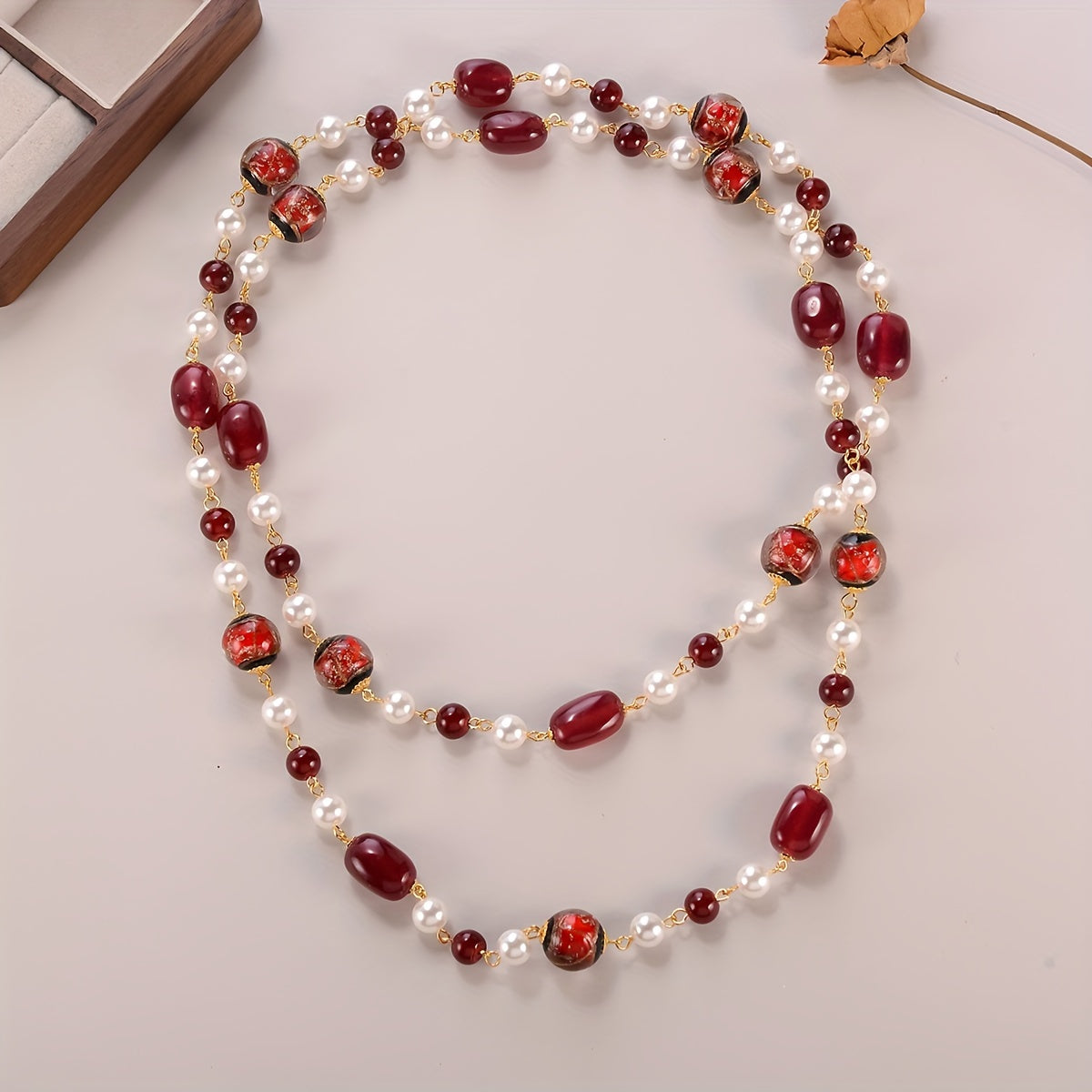 Custom Red & Pearl Layered Long Necklace