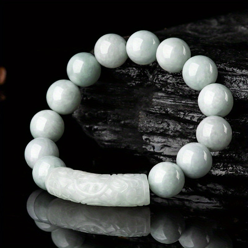 Custom Natural Jade Beaded Bracelet with Carved Bar