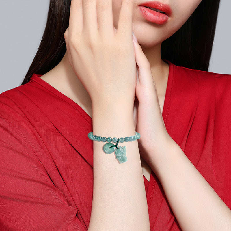 Custom Natural Jade Beaded Bracelet with Lucky Cat Pendant
