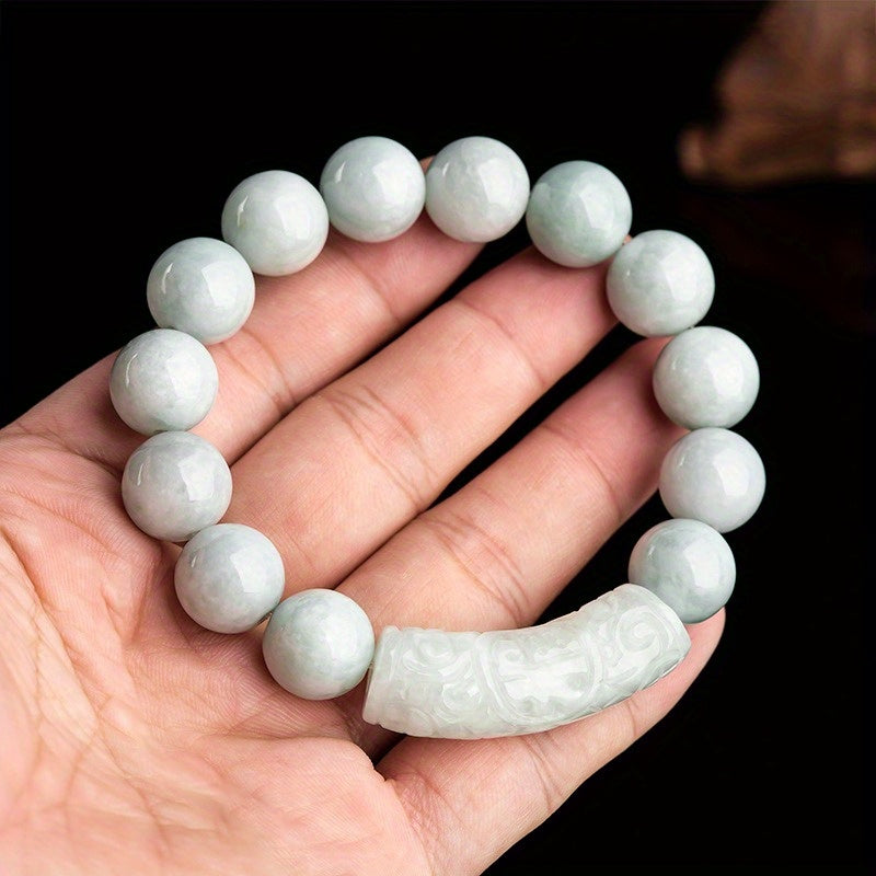 Custom Natural Jade Beaded Bracelet with Carved Bar