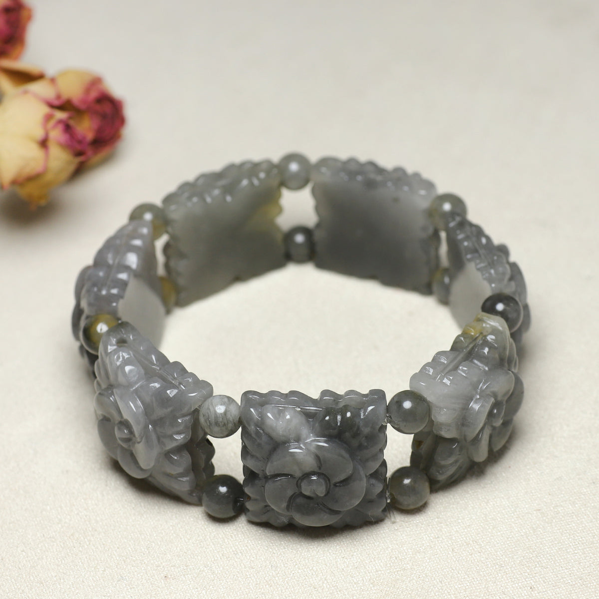 Custom Natural Gray Jade Carved Flower Bracelet