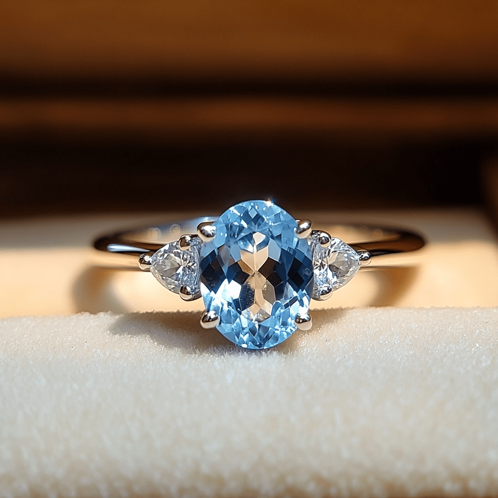 Custom Sky Blue Topaz Three-Stone Oval Ring