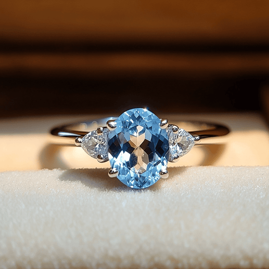Custom Sky Blue Topaz Three-Stone Oval Ring