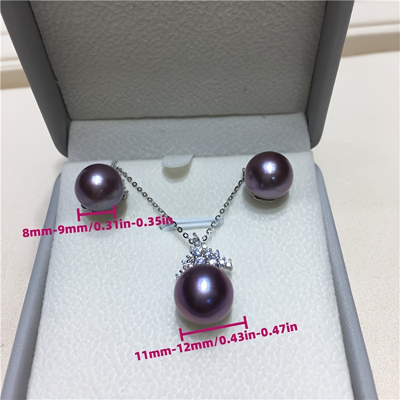 Custom Purple Freshwater Pearl Crown Jewelry Set (Necklace & Earrings)