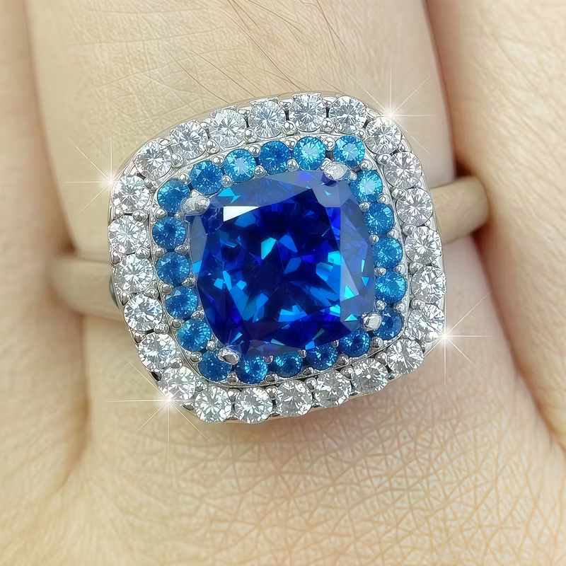 925 Sterling Silvery Precision-Cut Square Synthetic Blue Synthetic Zirconia Ring, 3.9g