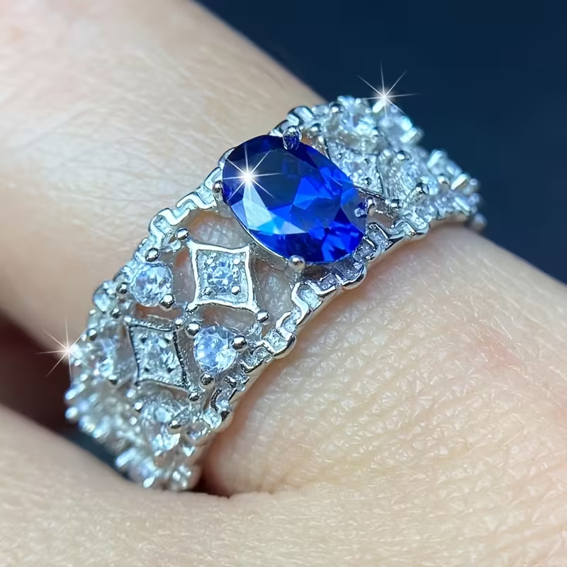 925 Sterling Silvery Shimmering Luxury 6*8mm Deep Blue Ring