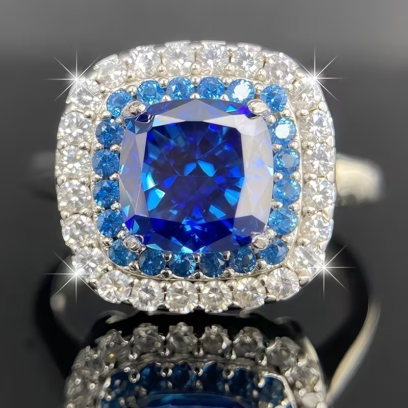 925 Sterling Silvery Precision-Cut Square Synthetic Blue Synthetic Zirconia Ring, 3.9g