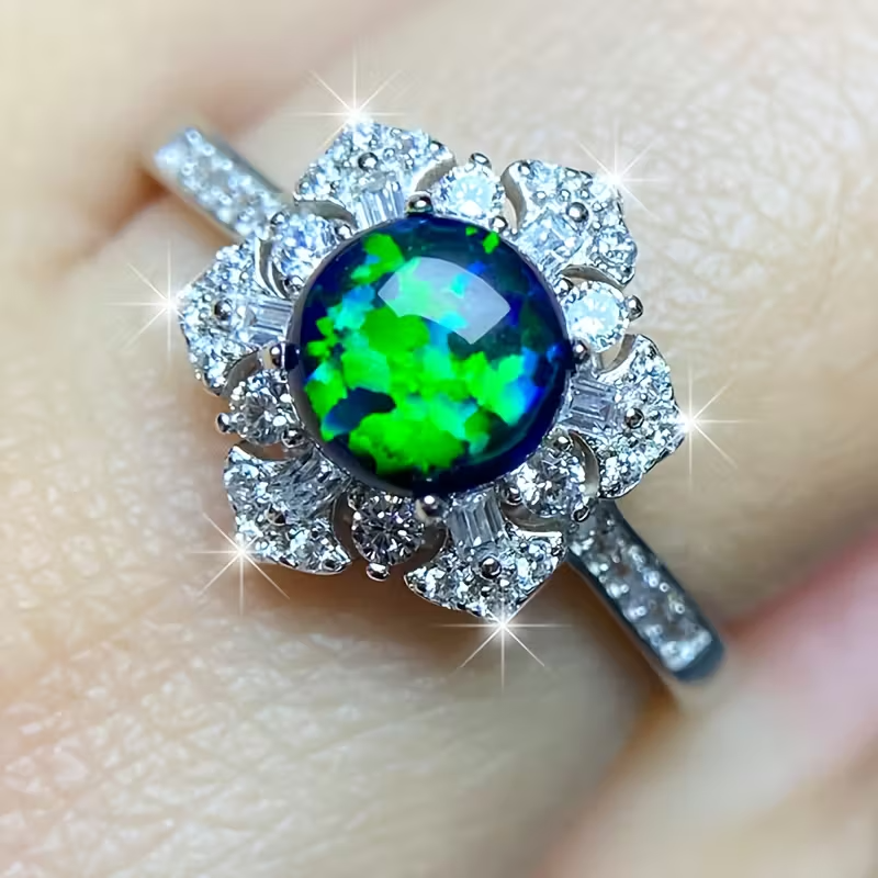 Six-Star 925 Sterling Silvery Geometric Black Opal Adjustable Ring