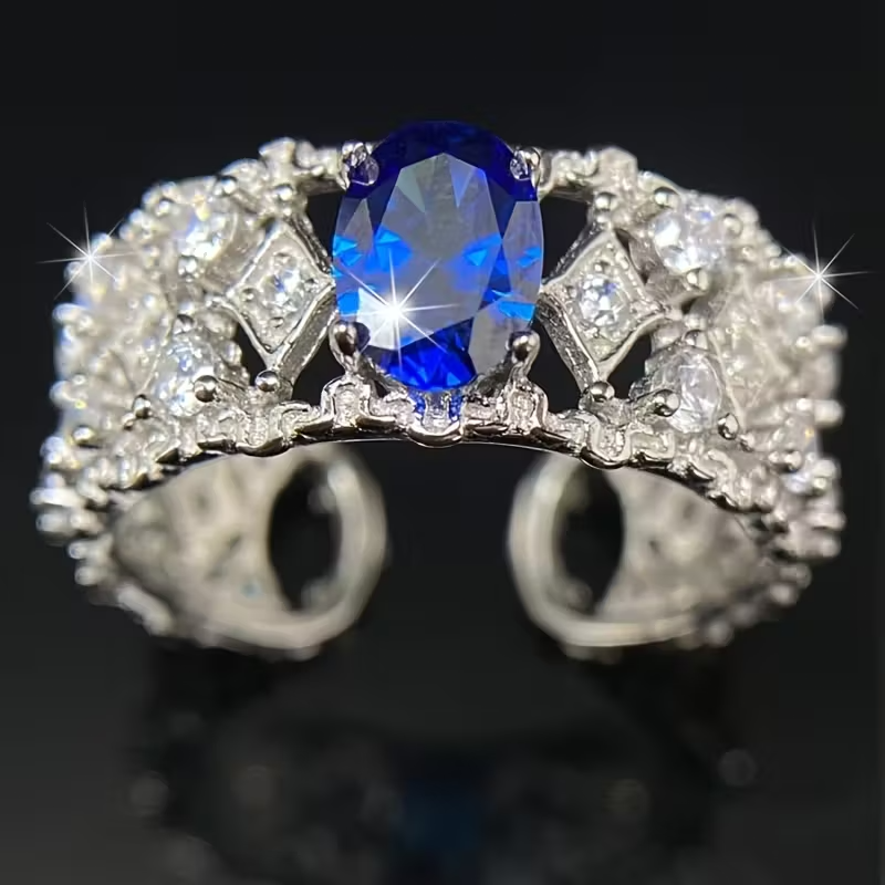 925 Sterling Silvery Shimmering Luxury 6*8mm Deep Blue Ring