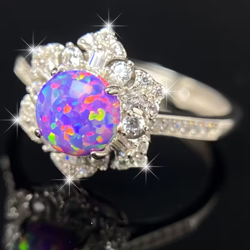 Exquisite 925 Silvery Round Cut Purple Opal Six-Pointed Star Ring