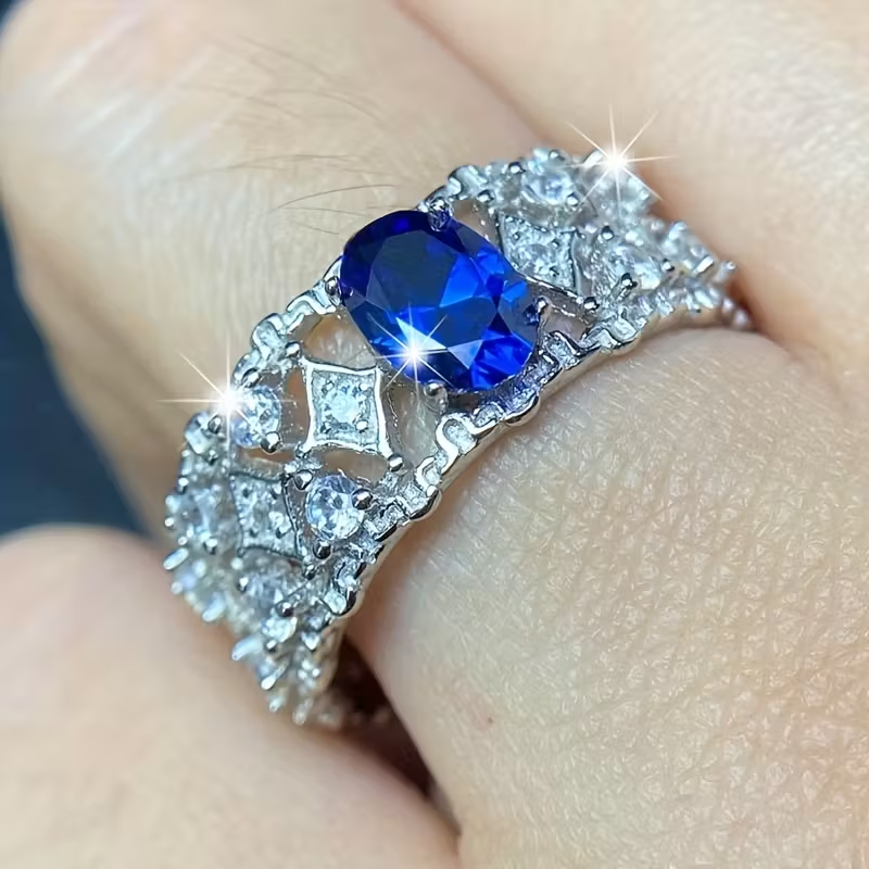 925 Sterling Silvery Shimmering Luxury 6*8mm Deep Blue Ring