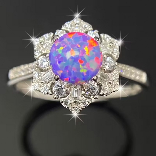 Exquisite 925 Silvery Round Cut Purple Opal Six-Pointed Star Ring