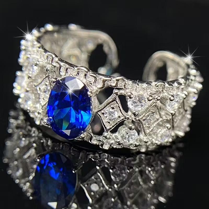 925 Sterling Silvery Shimmering Luxury 6*8mm Deep Blue Ring