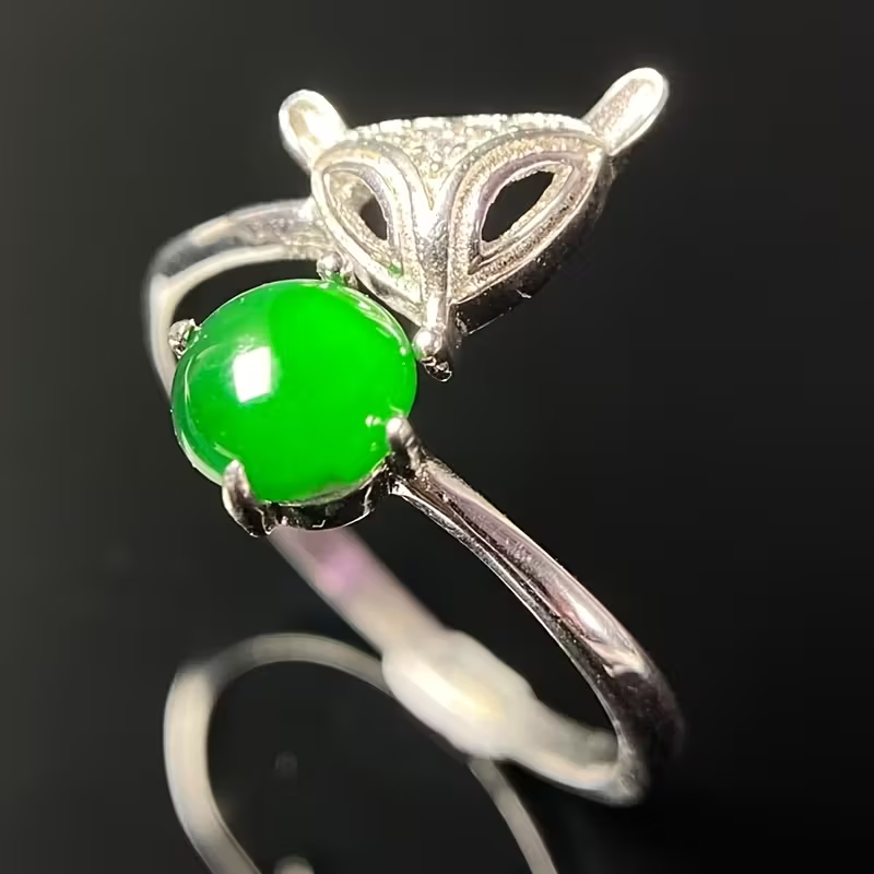 1pc 925 Sterling Silvery Fox Ring with Green Natural Stone