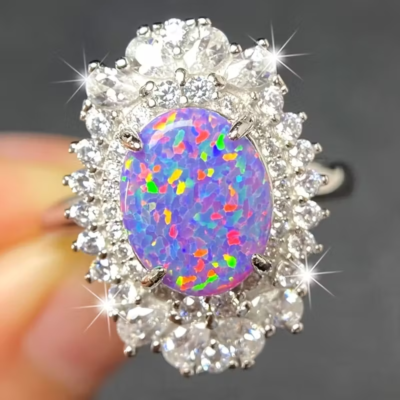925 Silver Inlaid 8*10mm Purple Opal Ring